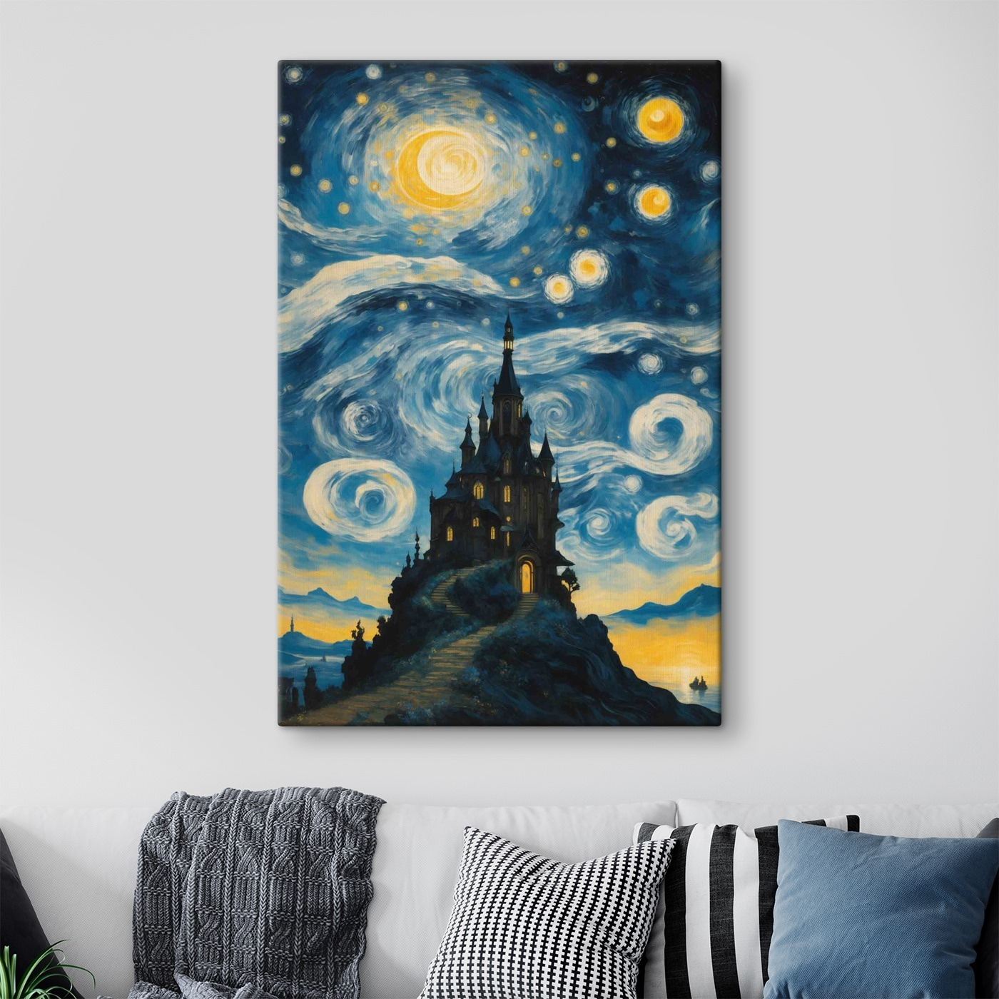 Painting of a castle in the night sky