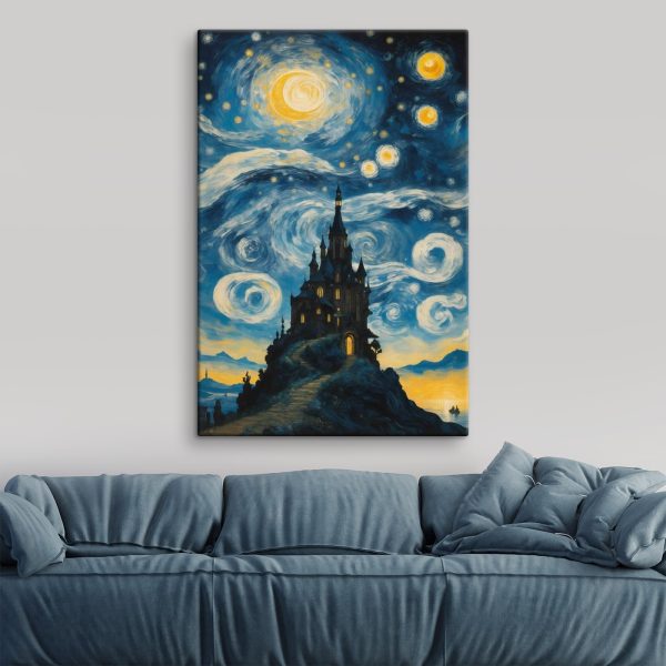 Painting of a castle in the night sky