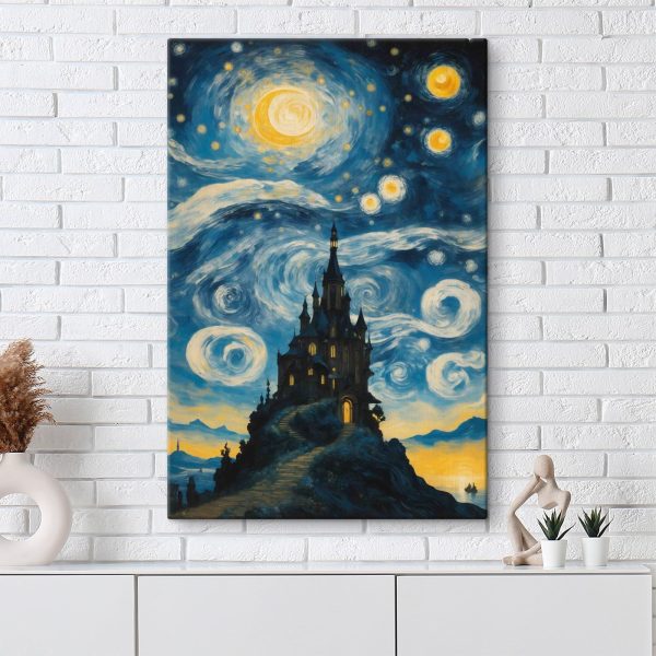 Painting of a castle in the night sky