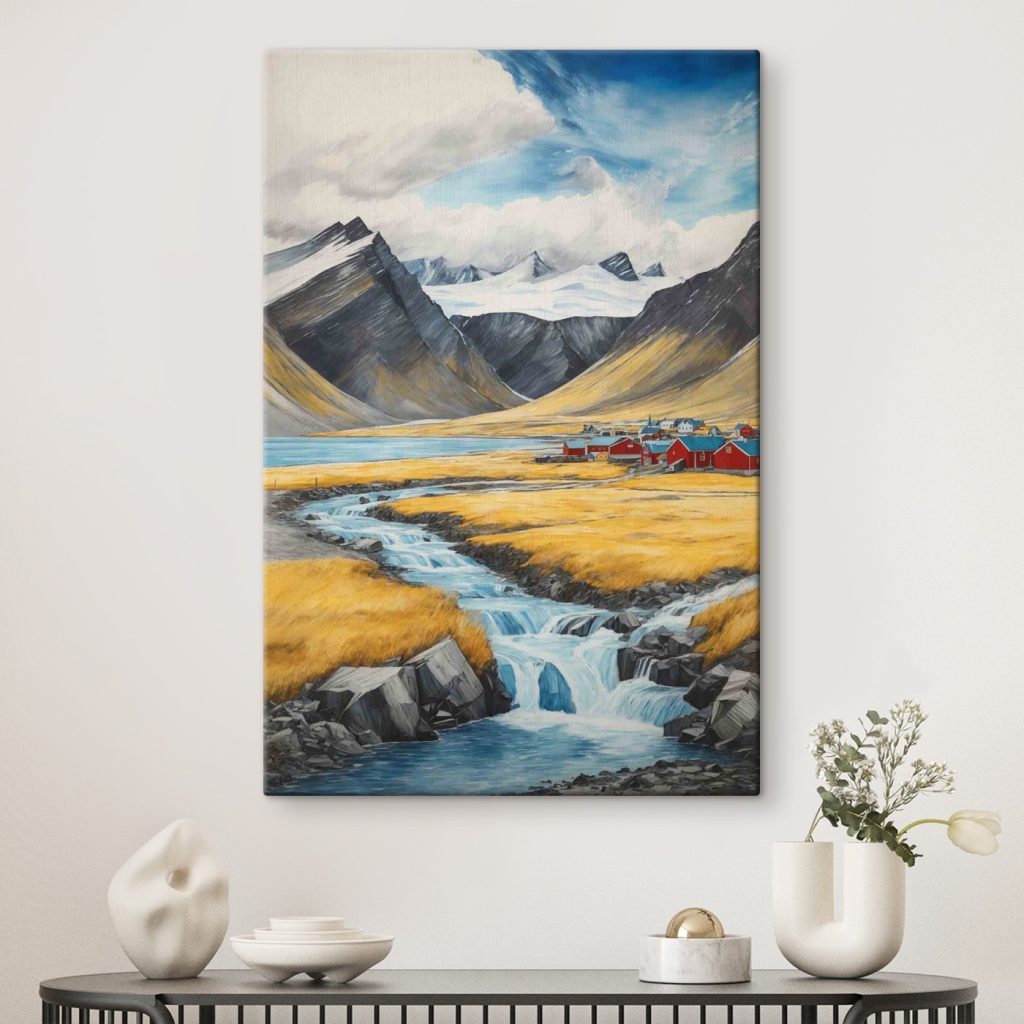 River running through a valley with mountains and a village River running through a valley with mountains and a village
