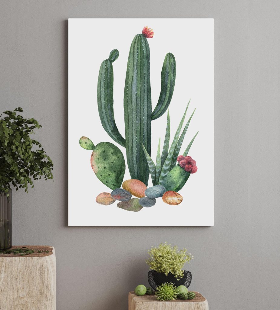 Watercolor of a cactus and rocks