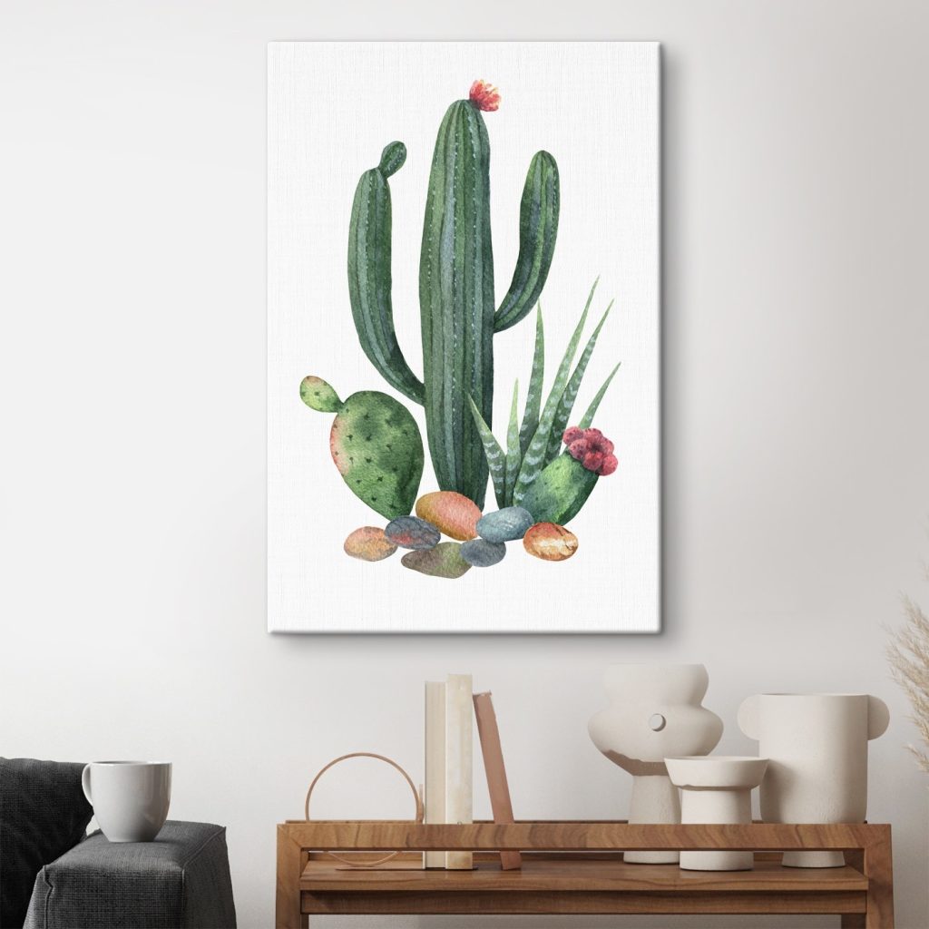 Watercolor of a cactus and rocks