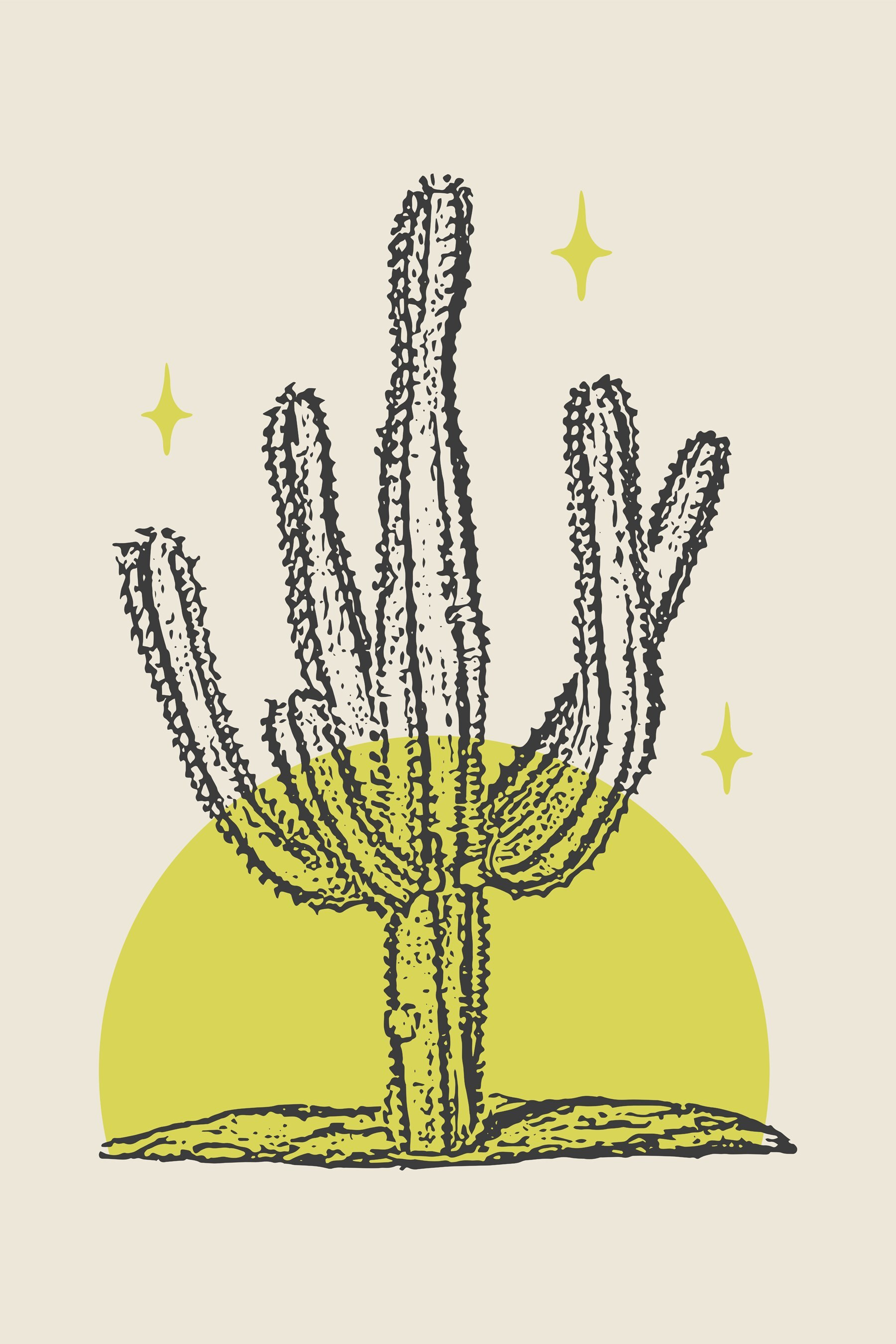 Cactus with a yellow circle and stars
