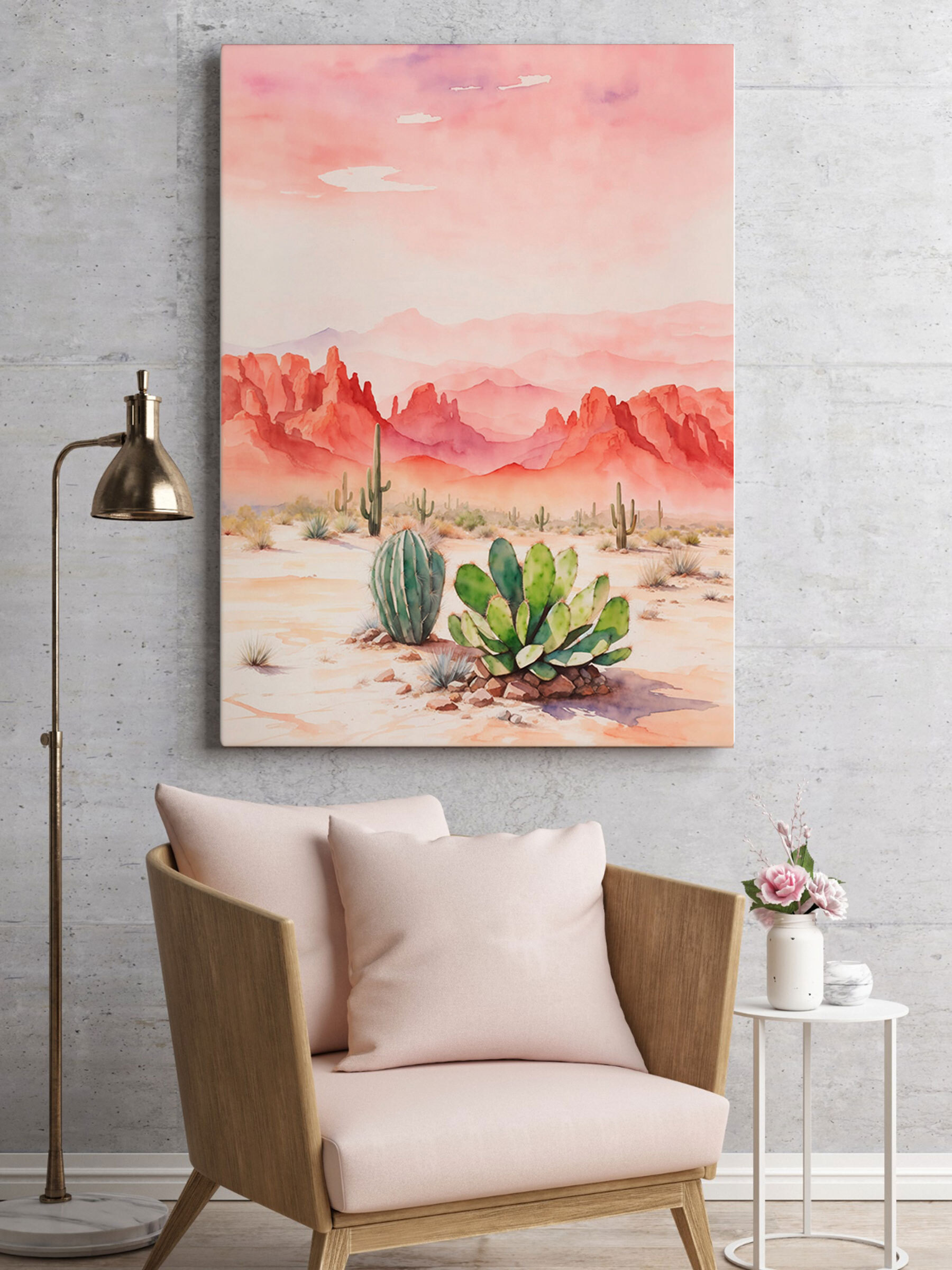 Watercolor painting of a desert landscape with cactuses and mountains Watercolor painting of a desert landscape with cactuses and mountains