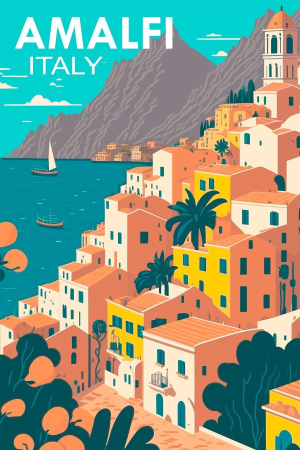 Cartoon of a town by the water Cartoon of a town by the water