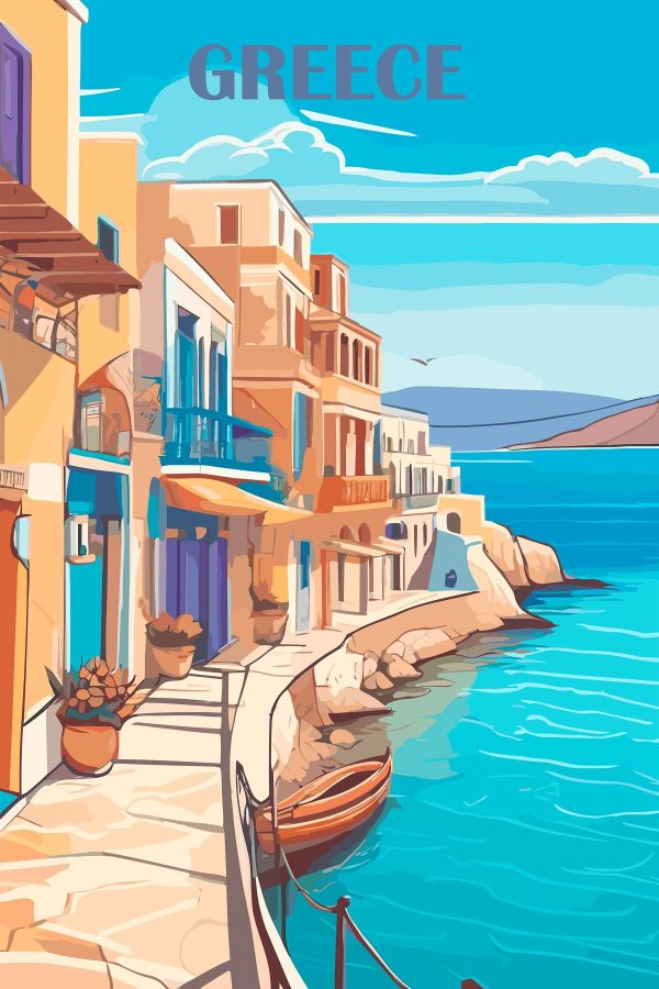 Painting of a city along a body of water Painting of a city along a body of water