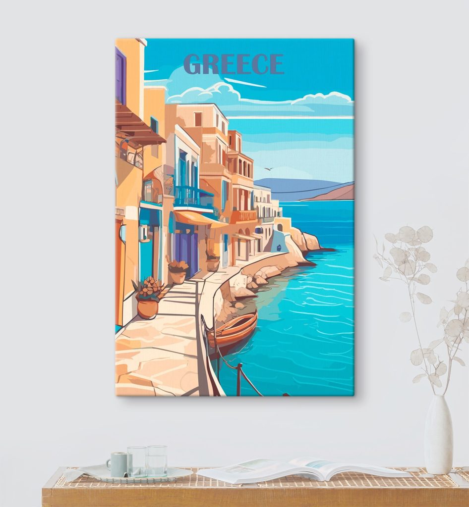 Painting of a city along a body of water Painting of a city along a body of water