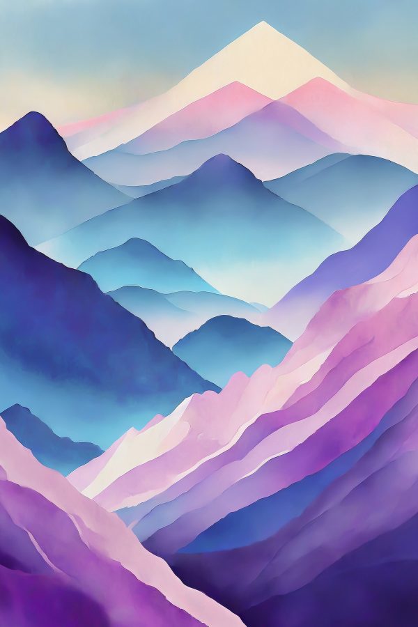 Painting of mountains with purple and blue colors