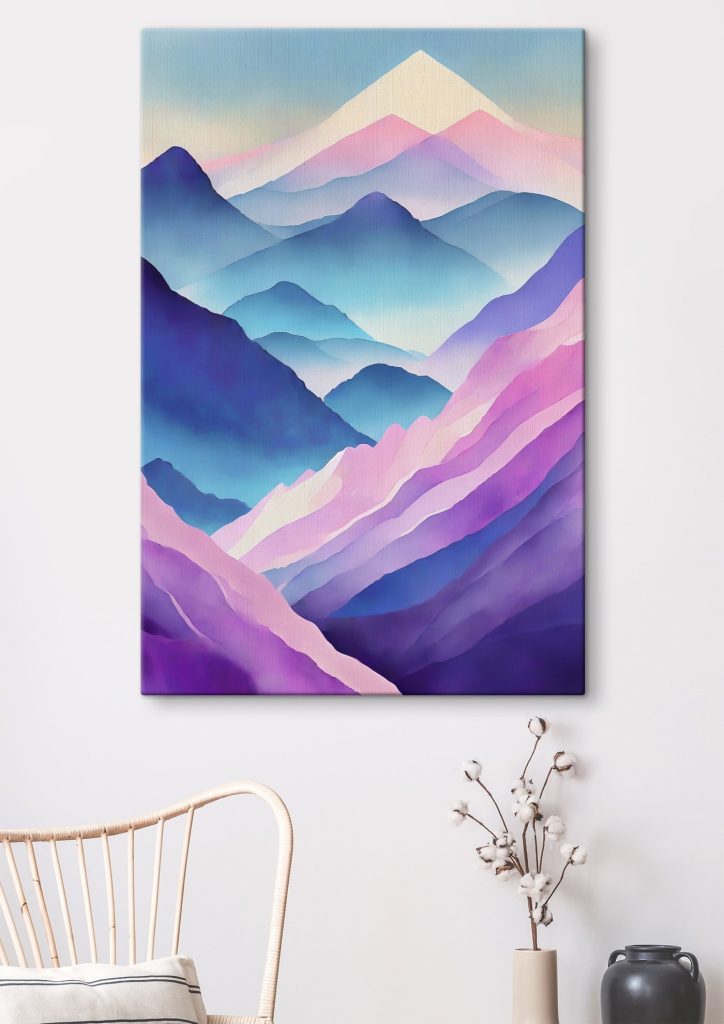 Painting of mountains with purple and blue colors