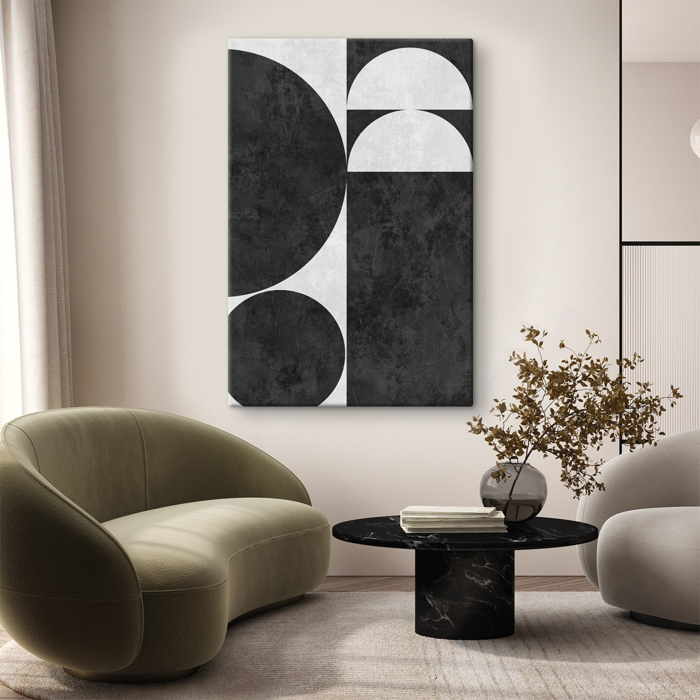 Black and white background with circles and a square