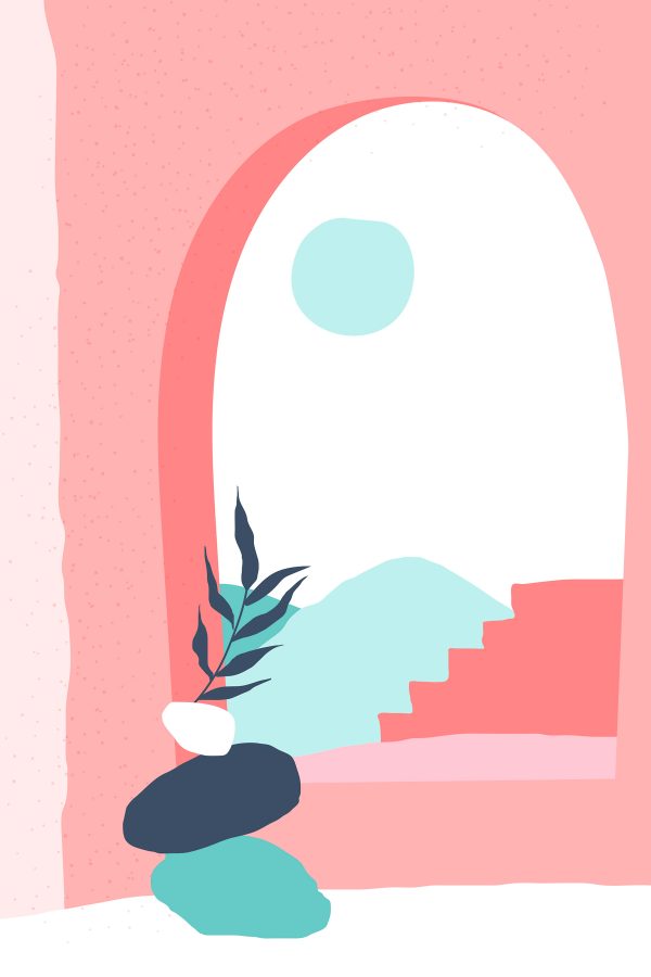 Pink and blue illustration of a window with a plant in a vase