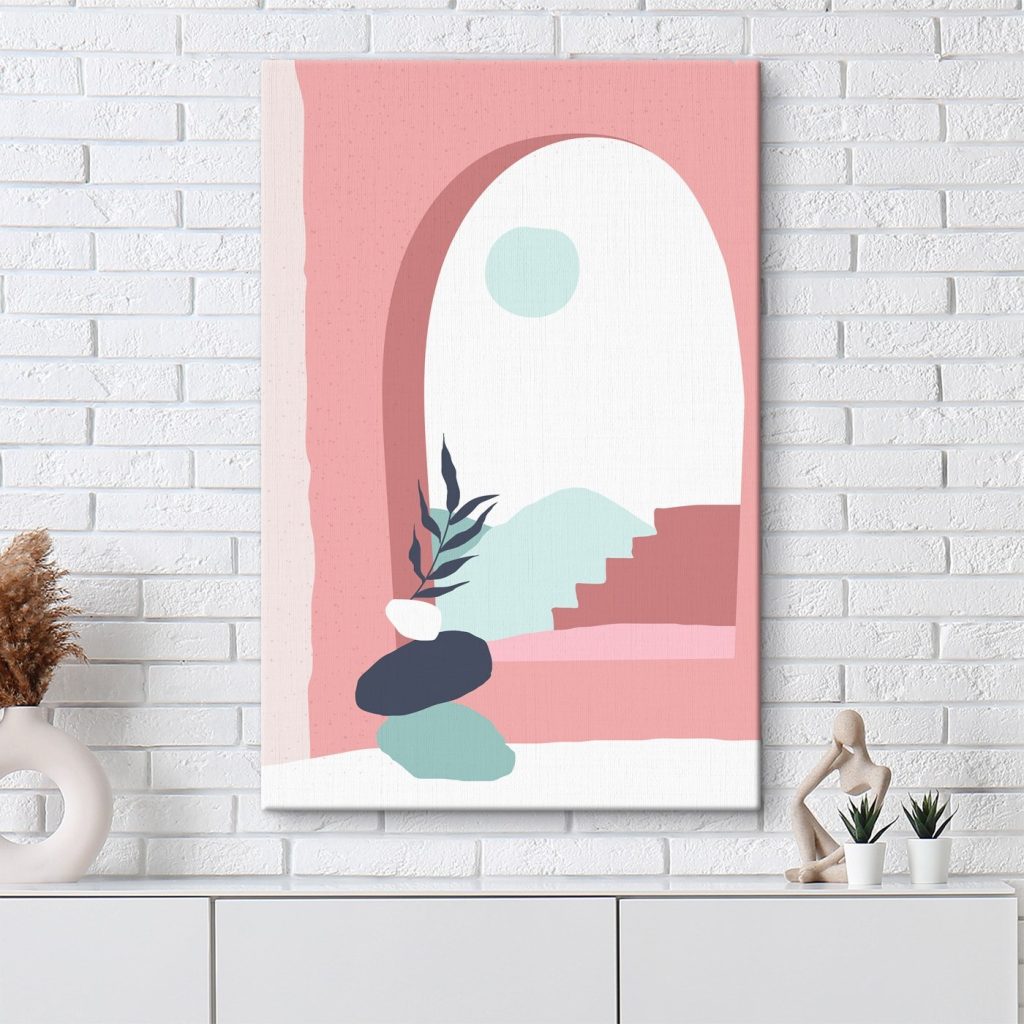 Pink and blue illustration of a window with a plant in a vase