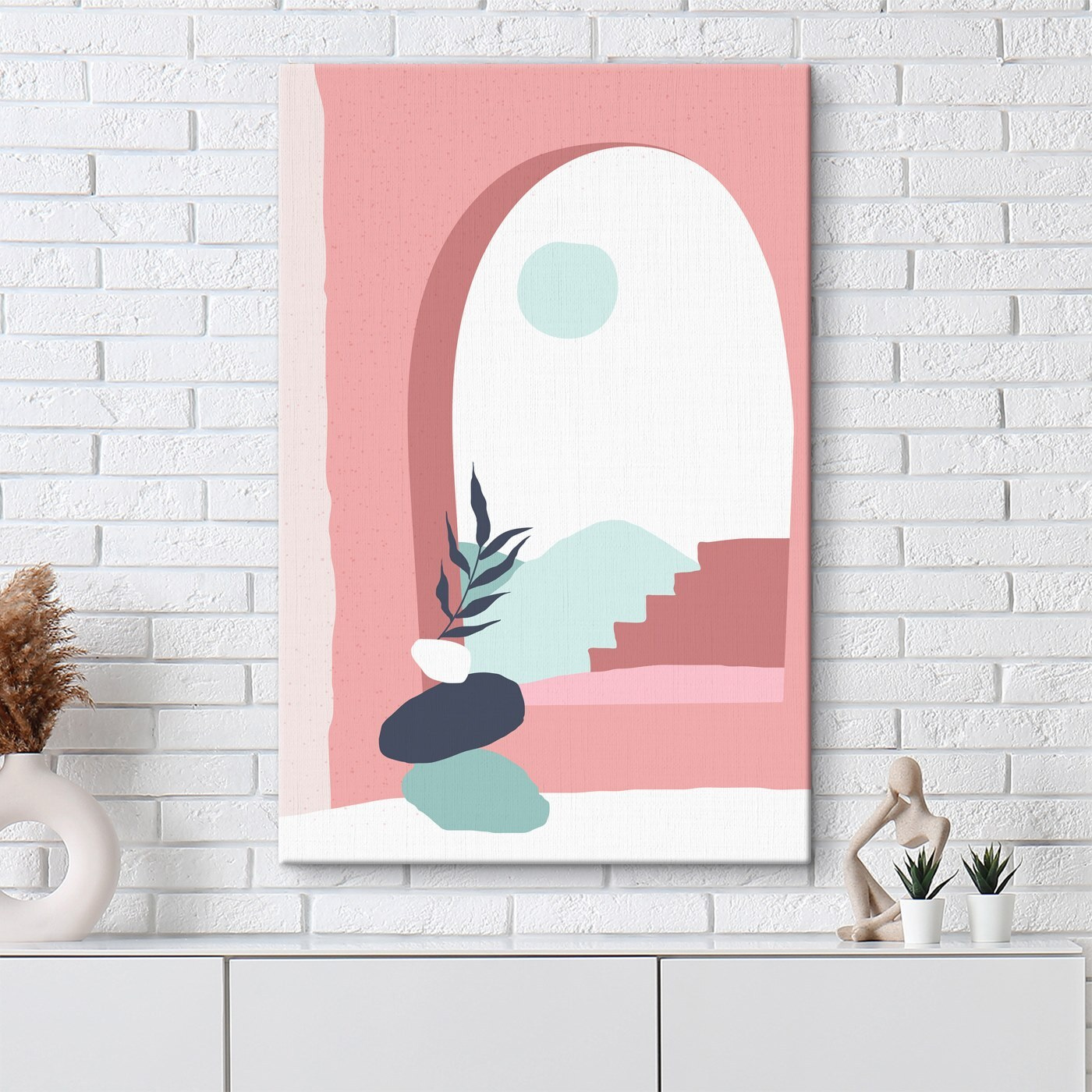 Pink and blue illustration of a window with a plant in a vase