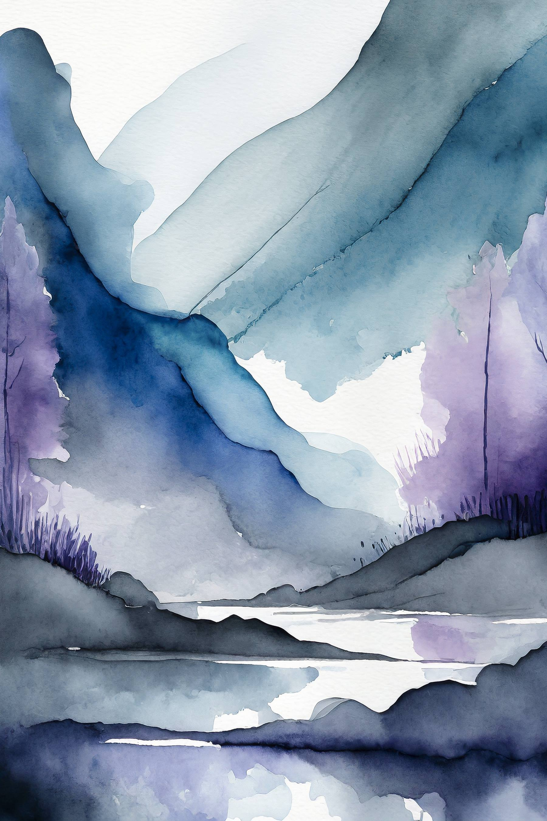 Watercolor painting of mountains and trees and a river Watercolor painting of mountains and trees and a river