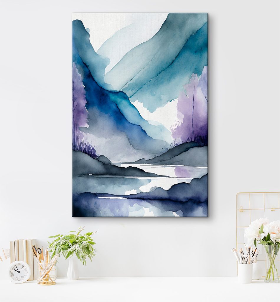 Watercolor painting of mountains and trees and a river Watercolor painting of mountains and trees and a river