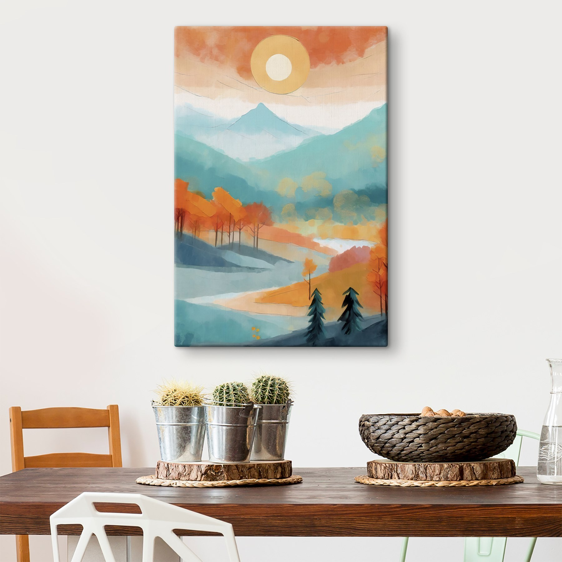 Painting of a landscape with trees and mountains