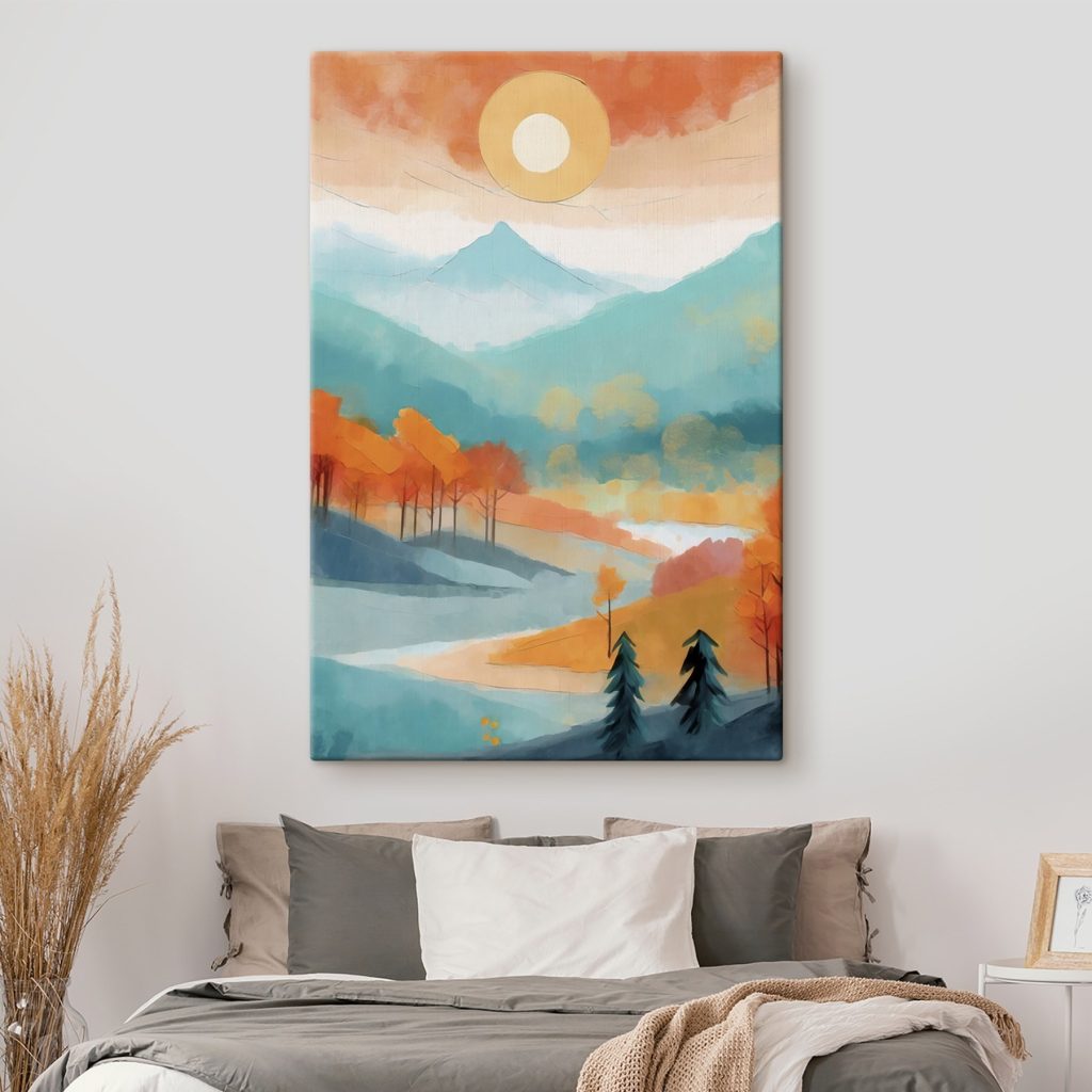 Painting of a landscape with trees and mountains