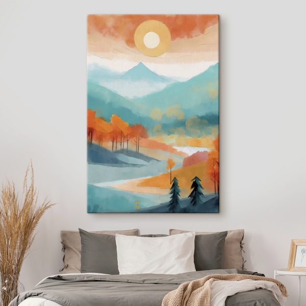 Painting of a landscape with trees and mountains