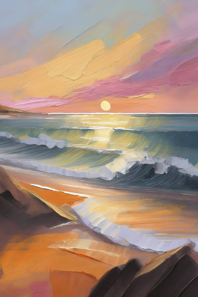 Painting of a beach with waves and a sunset Painting of a beach with waves and a sunset