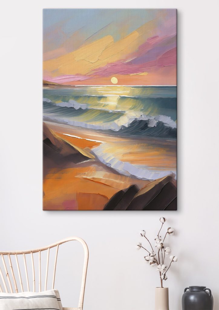 Painting of a beach with waves and a sunset Painting of a beach with waves and a sunset