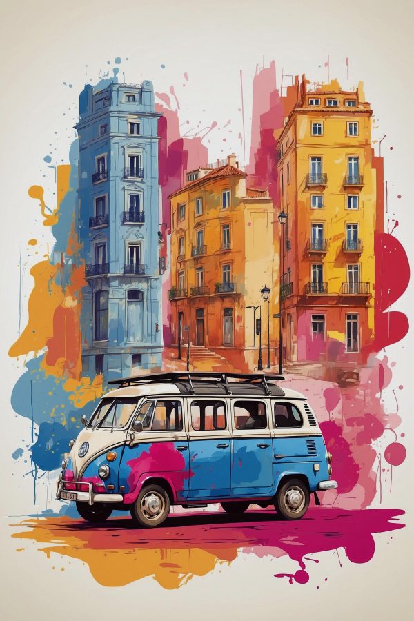Van with a roof on the top and a colorful building
