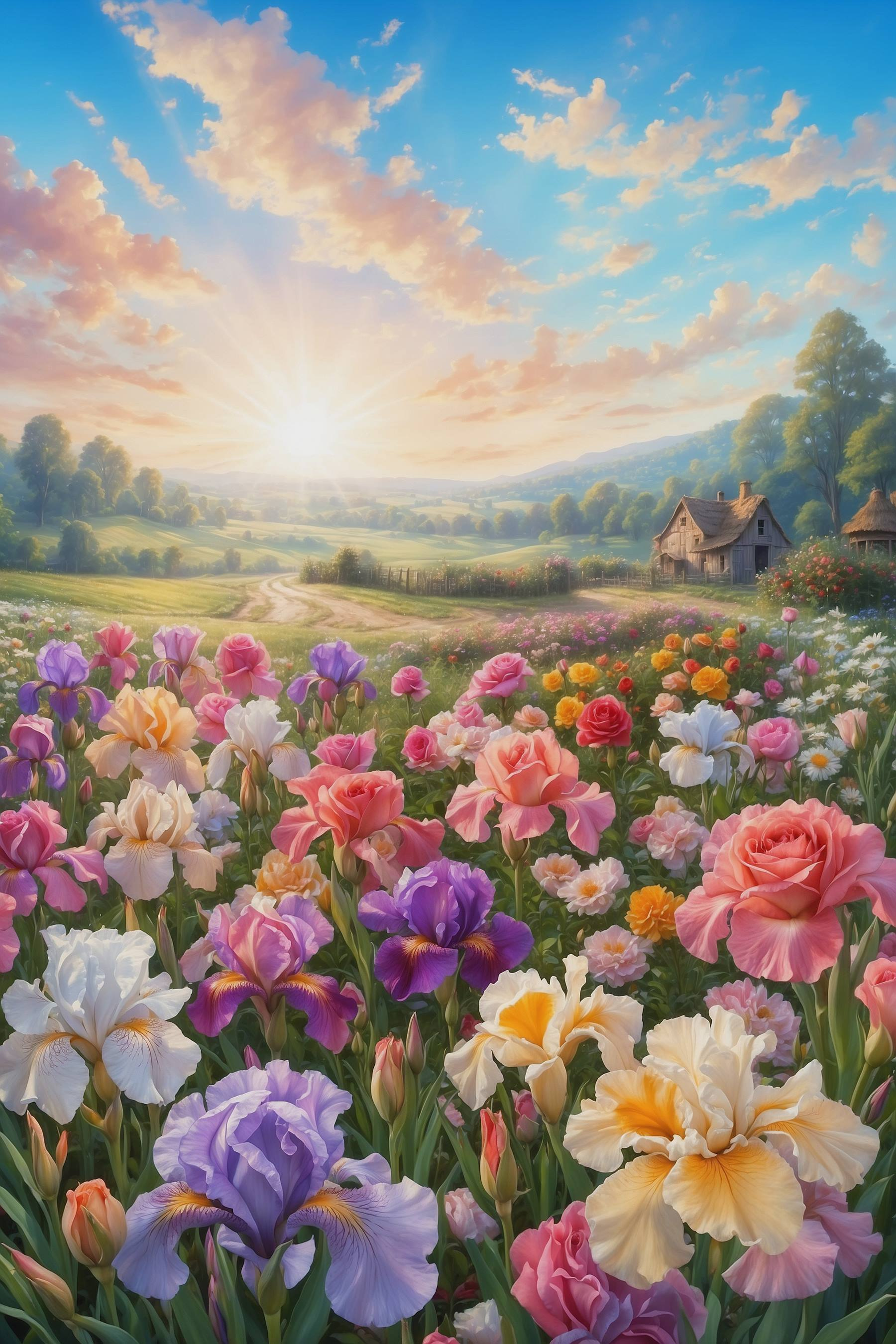 Field of flowers with a house in the background