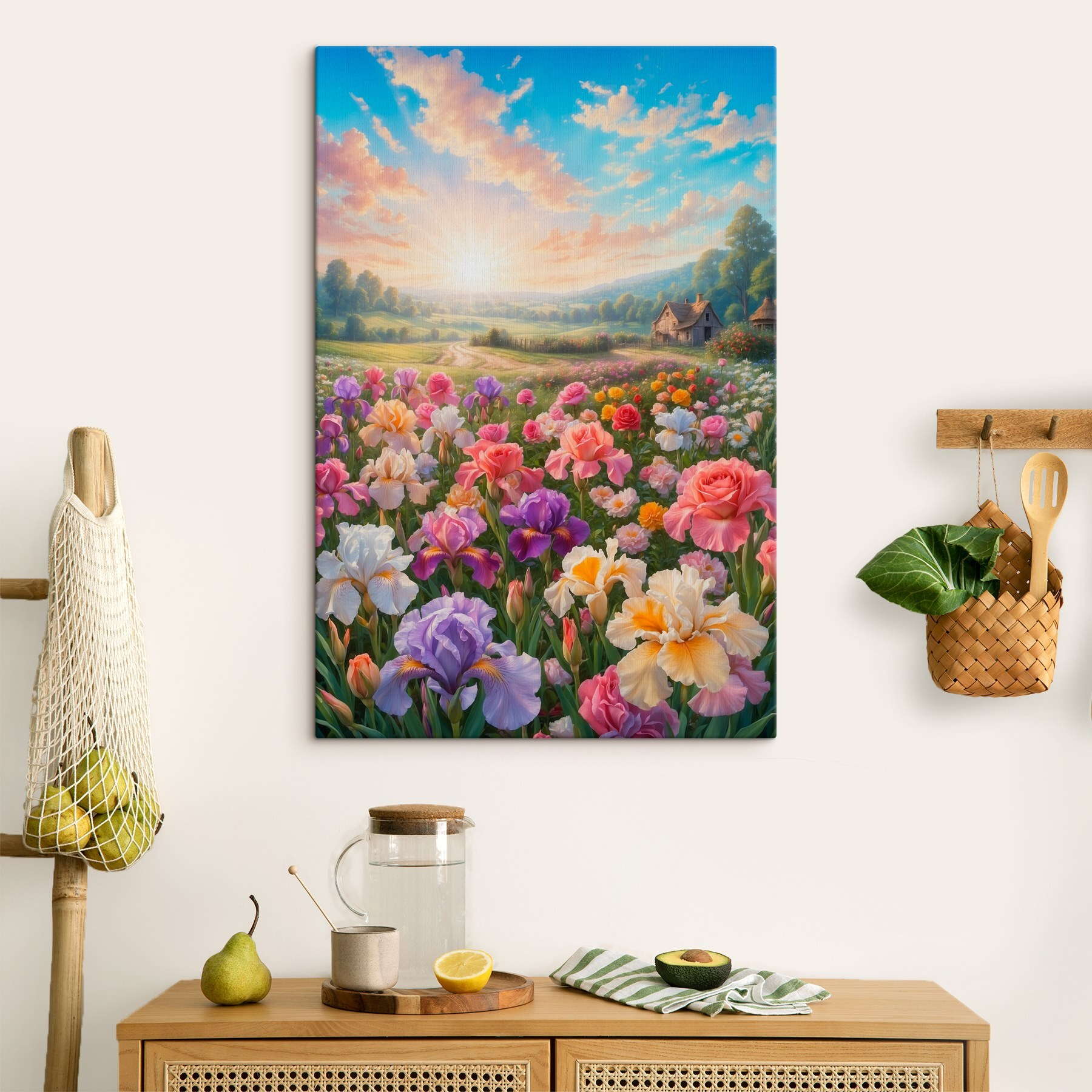 Field of flowers with a house in the background