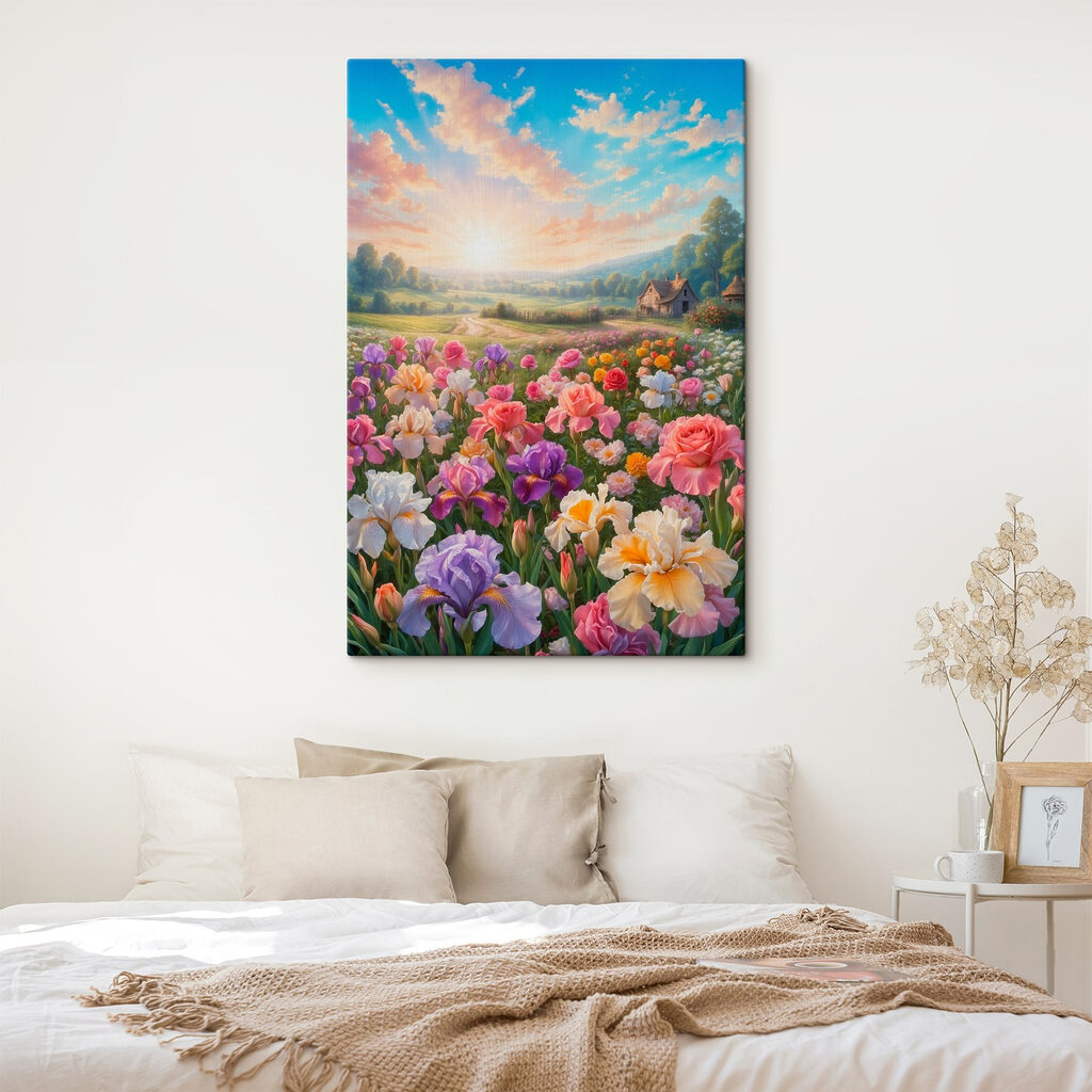 Field of flowers with a house in the background