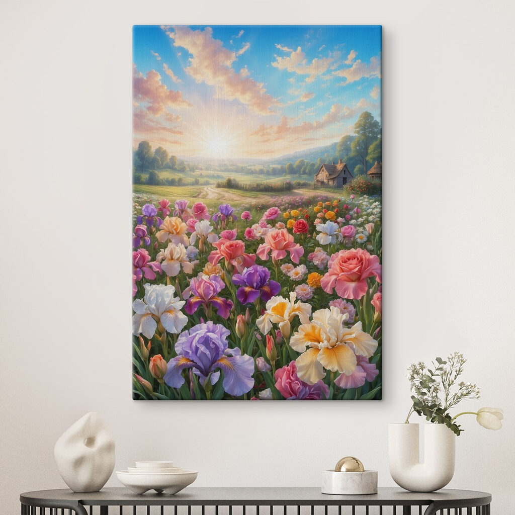 Field of flowers with a house in the background