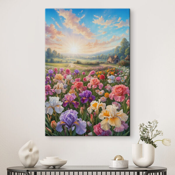 Field of flowers with a house in the background