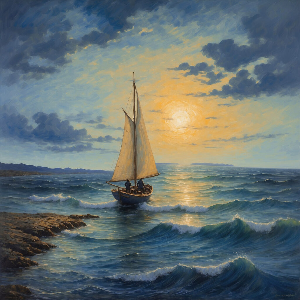 Painting of a sailboat in the ocean Painting of a sailboat in the ocean