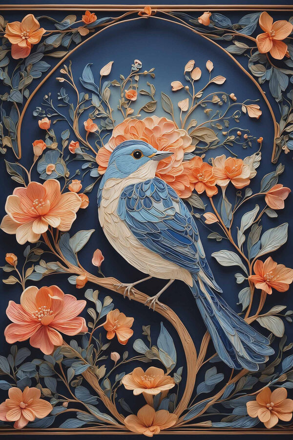 Blue bird on a branch with flowers