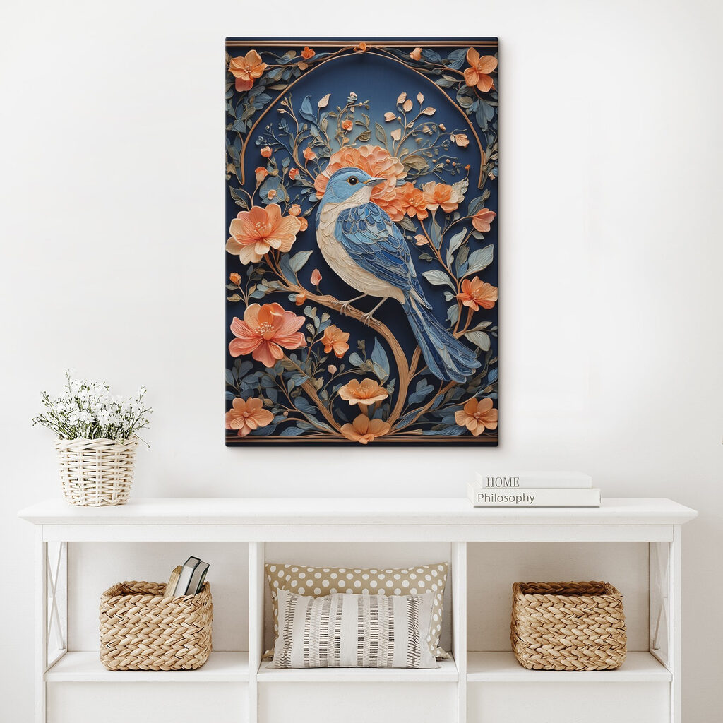 Blue bird on a branch with flowers