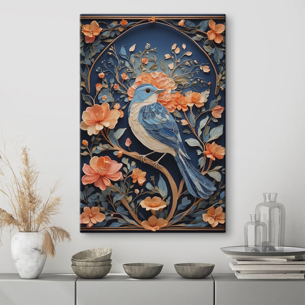 Blue bird on a branch with flowers