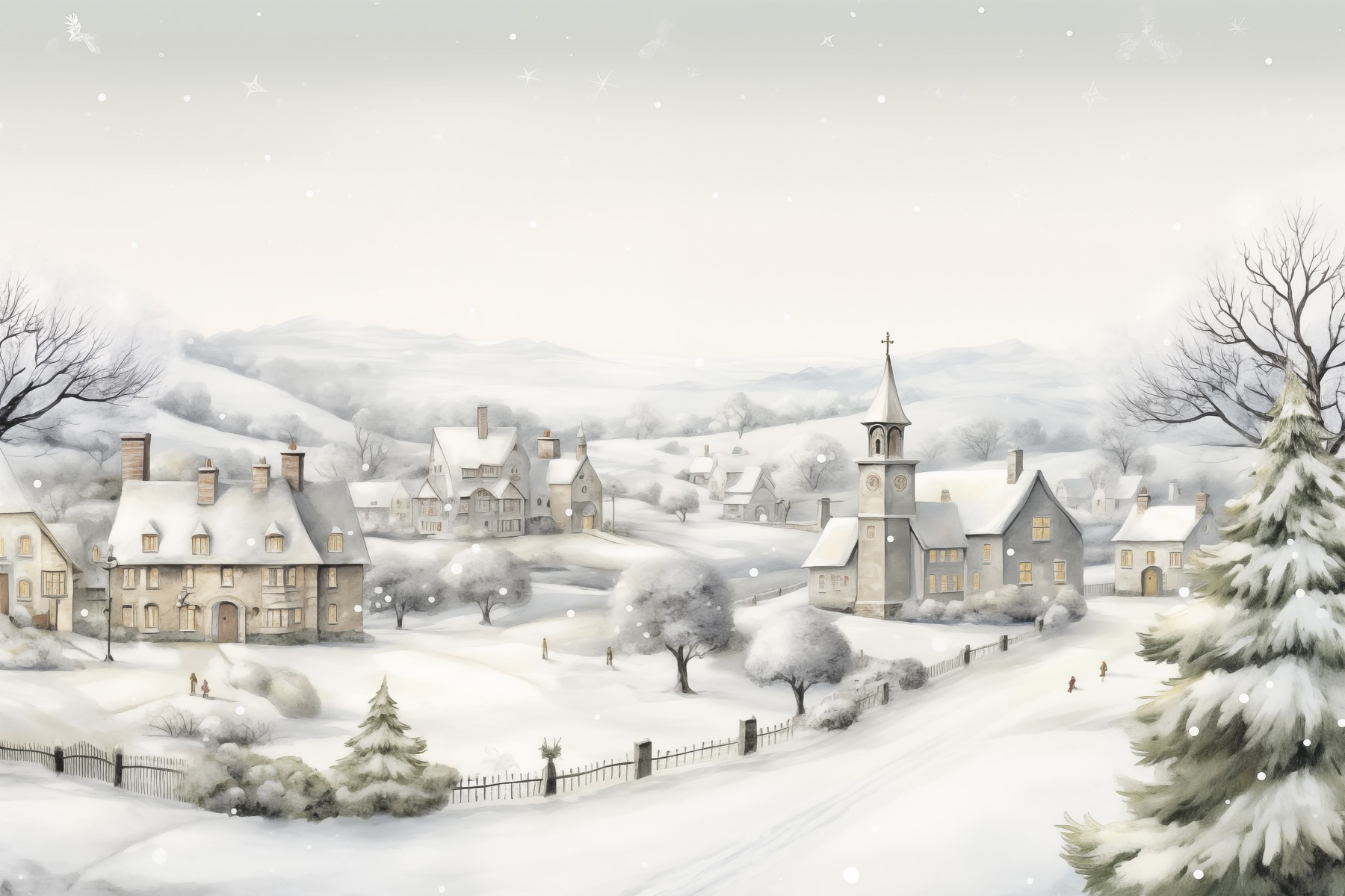Snow covered village with a church and trees Snow covered village with a church and trees