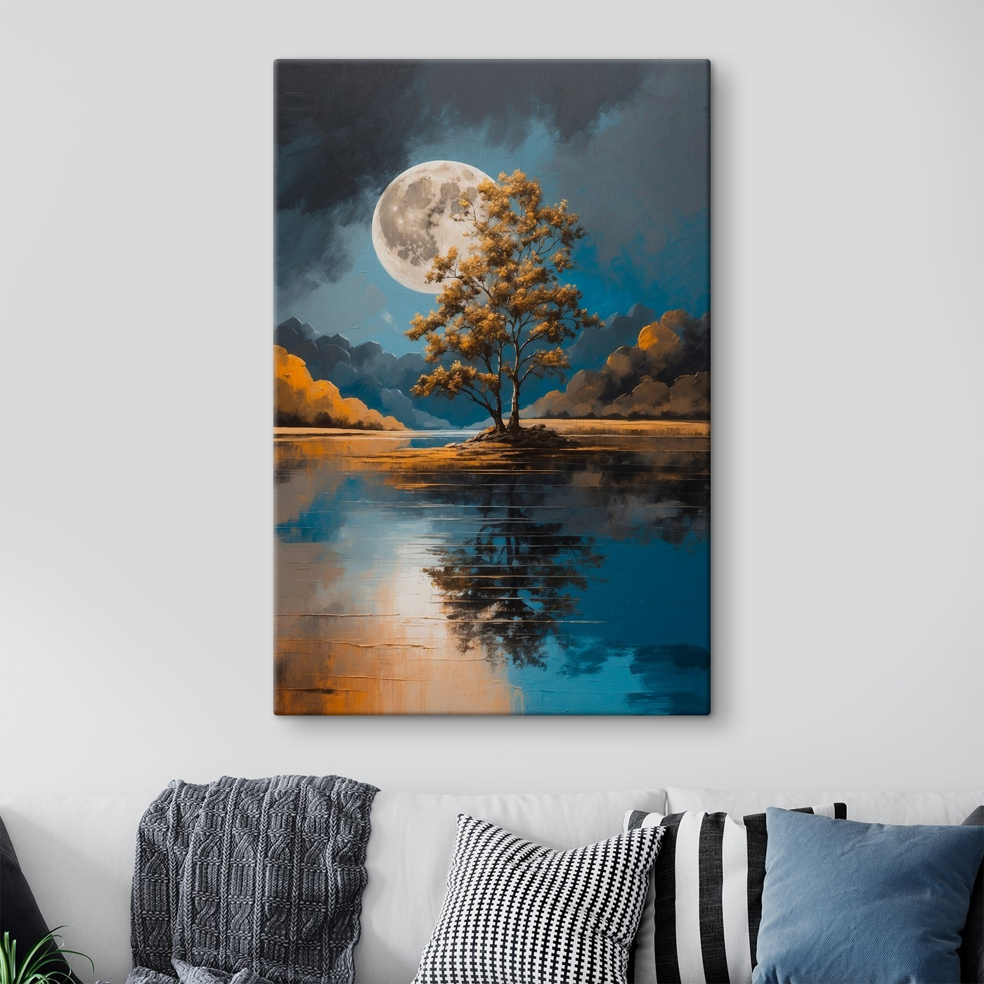 Tree on a lake with a full moon in the background Tree on a lake with a full moon in the background