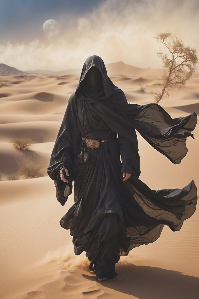 Person in a black robe walking in a desert