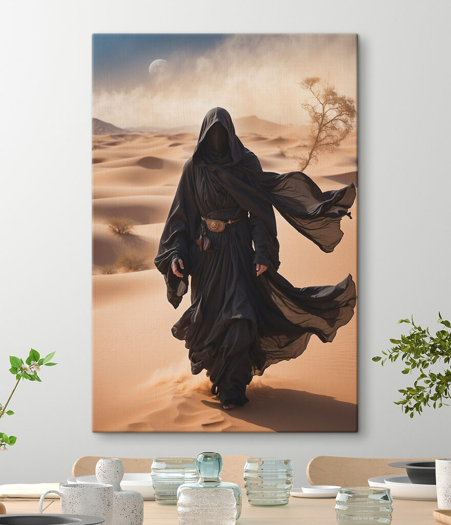 Person in a black robe walking in a desert
