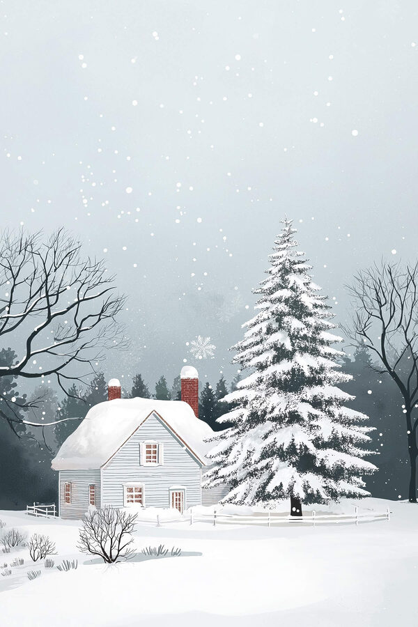 House with snow on the roof and a tree in the snow
