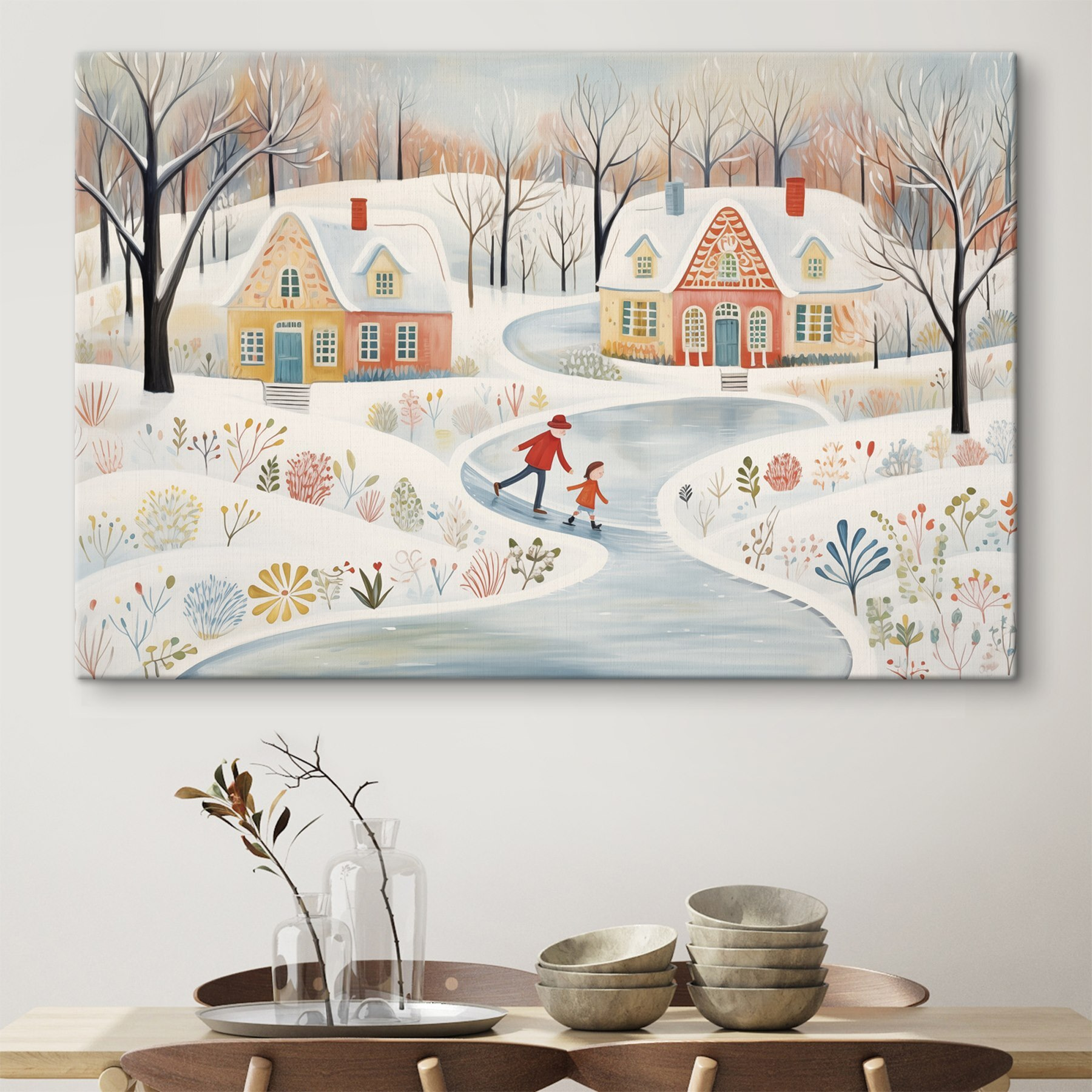 Painting of a couple of people skating on a snowy road Painting of a couple of people skating on a snowy road
