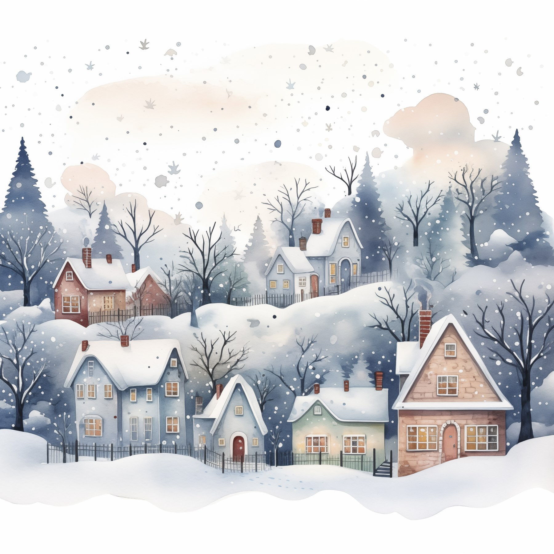 Watercolor painting of houses and trees in the snow