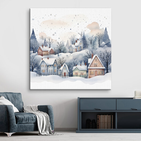 Watercolor painting of houses and trees in the snow