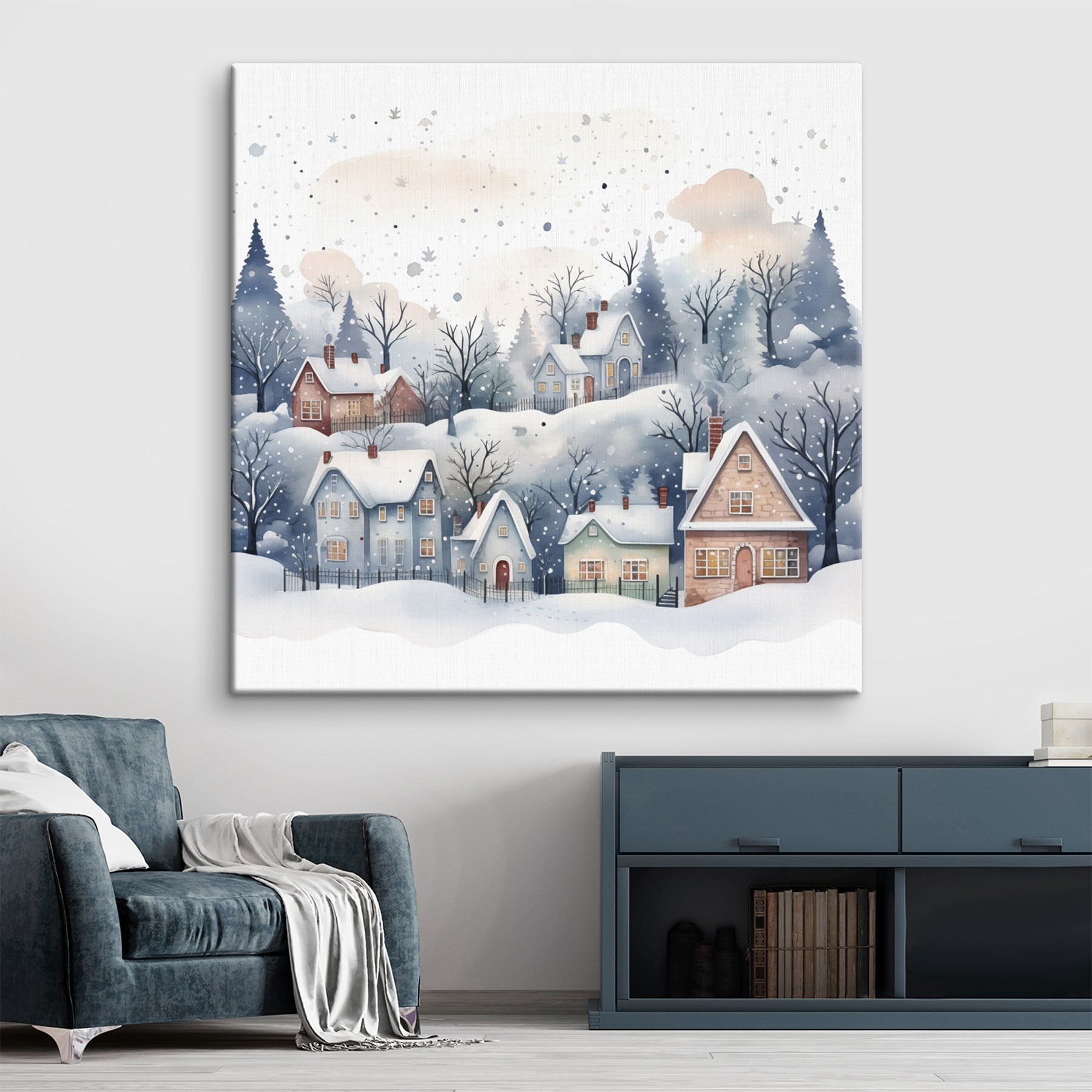 Watercolor painting of houses and trees in the snow