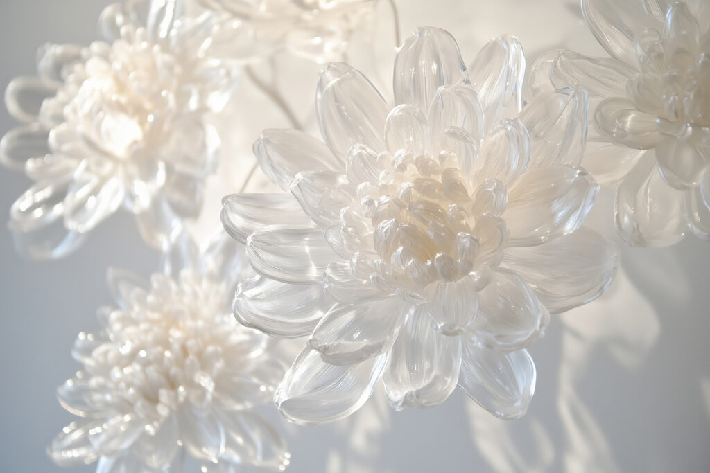 Esposizione di delicate sculture floreali in vetro. Esposizione di delicate sculture floreali in vetro.