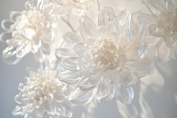 Esposizione di delicate sculture floreali in vetro. Esposizione di delicate sculture floreali in vetro.