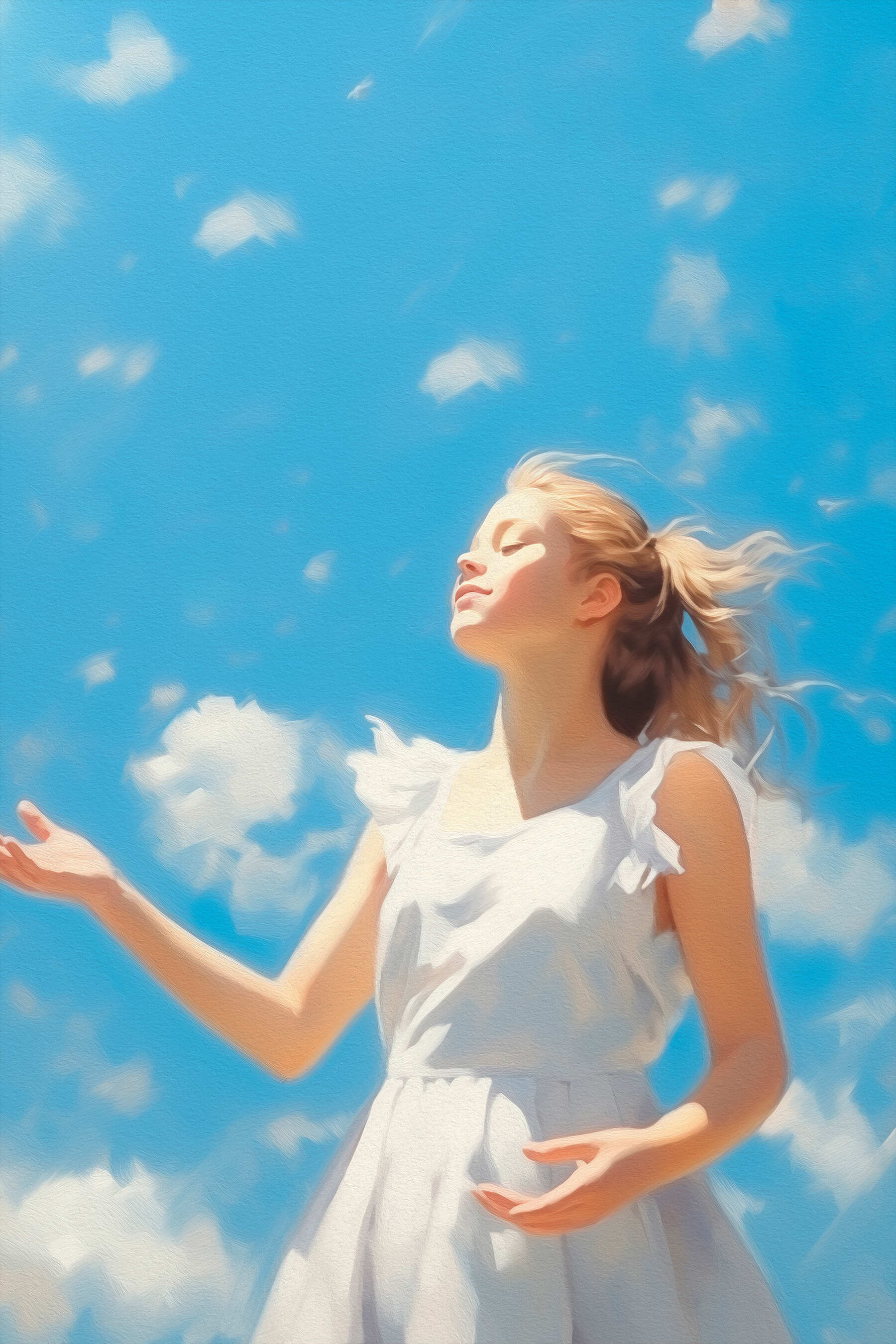 Woman in a white dress with her arms out in the air