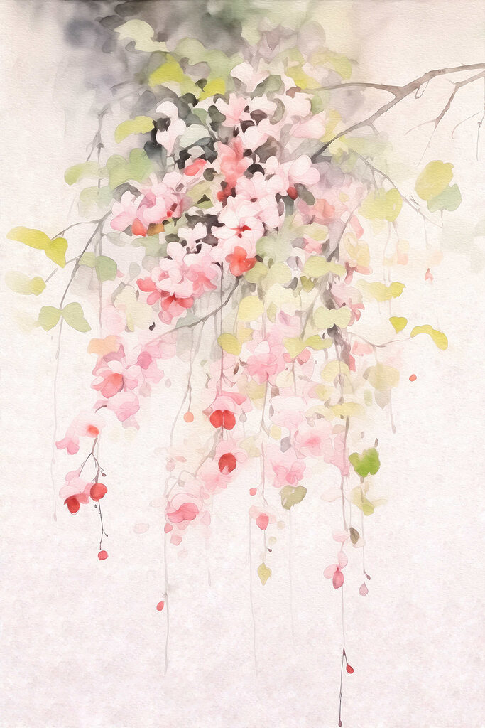 Watercolor painting of pink flowers and green leaves