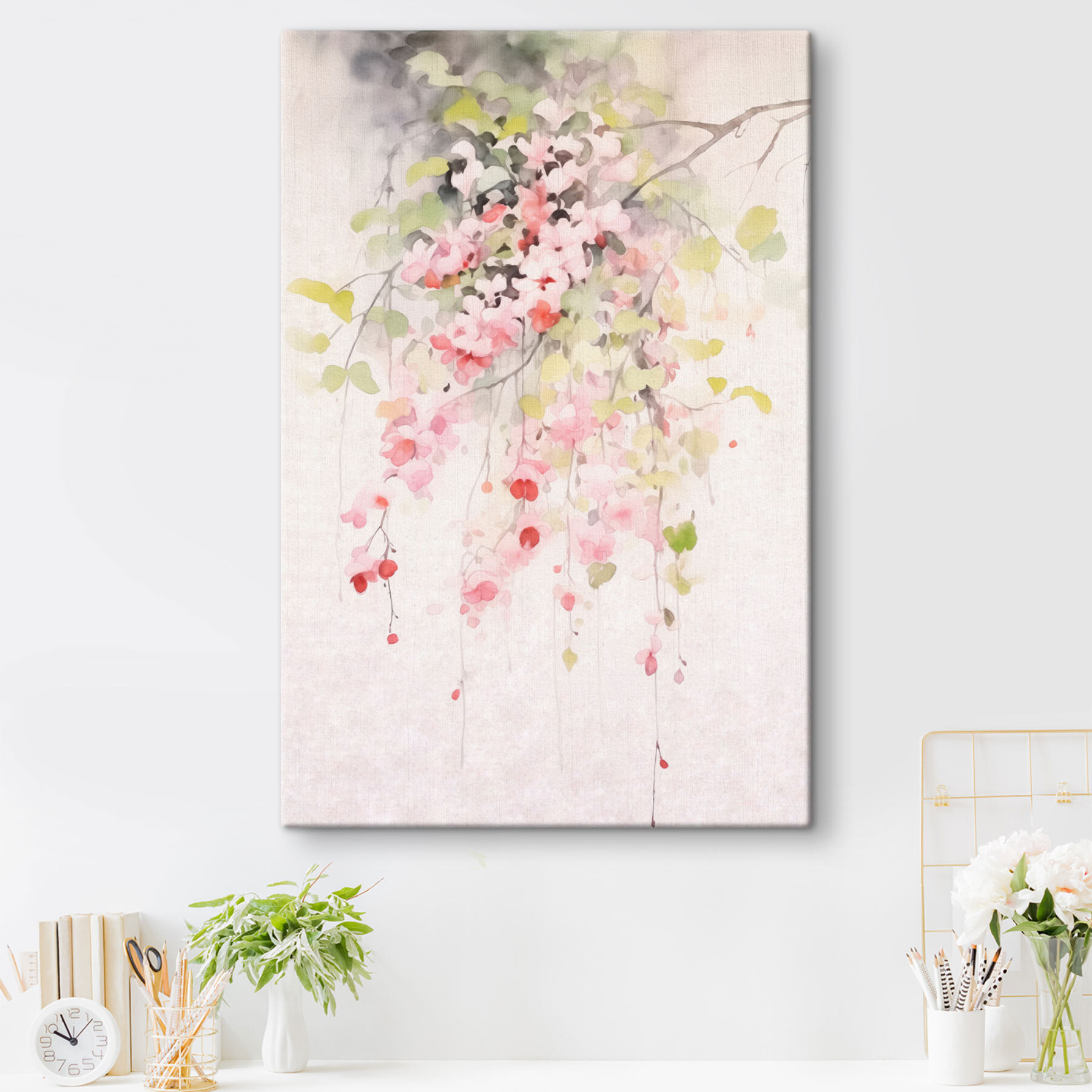 Watercolor painting of pink flowers and green leaves