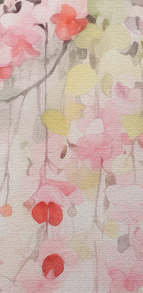 Watercolor painting of pink flowers and green leaves