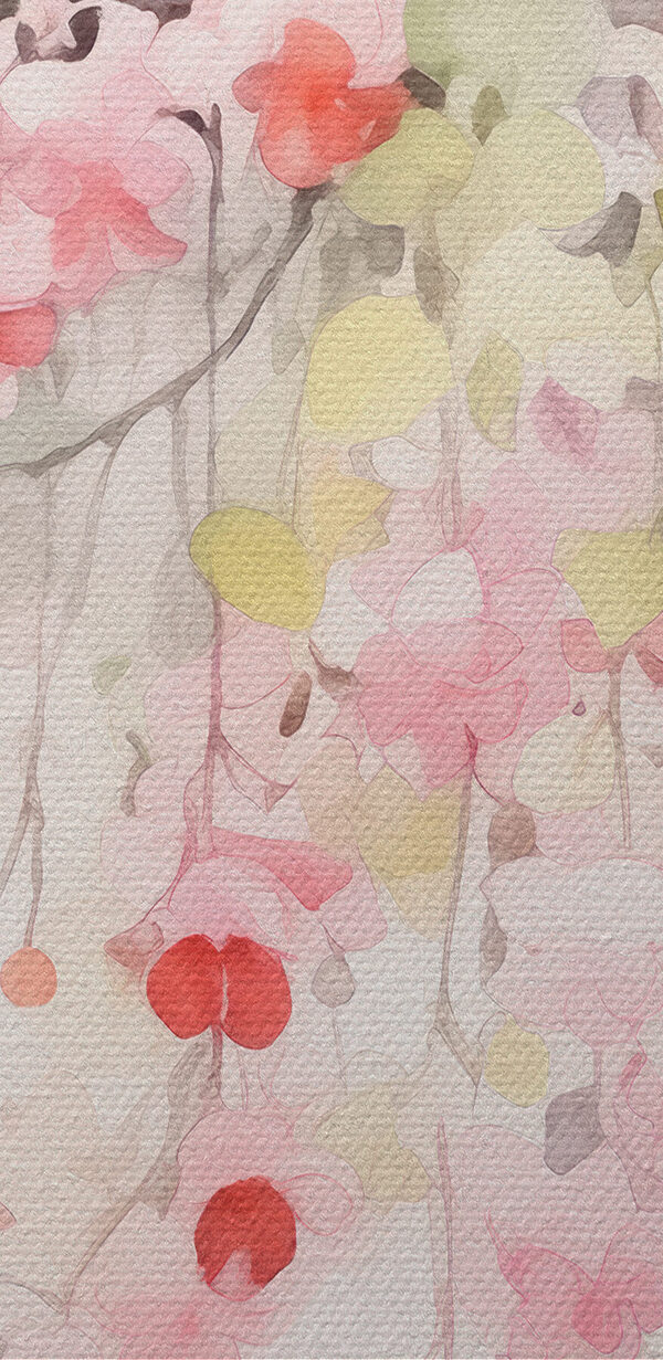 Watercolor painting of pink flowers and green leaves